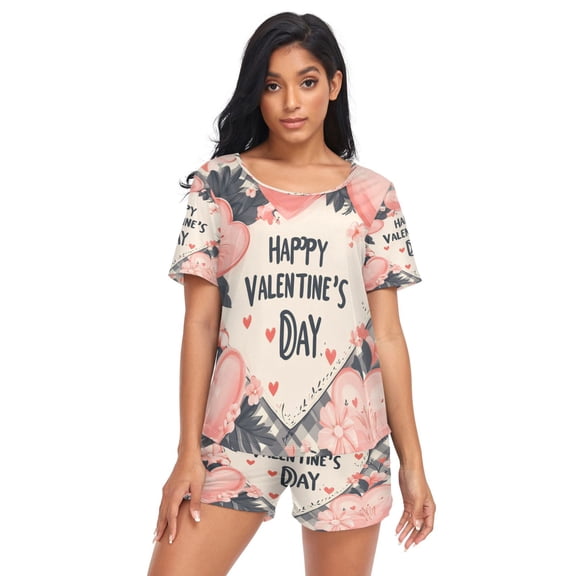 Women Pajama Sets Short Sleeve Sweatshirts Hearts and Flowers Valentine Greeting Casual Tops and Shorts