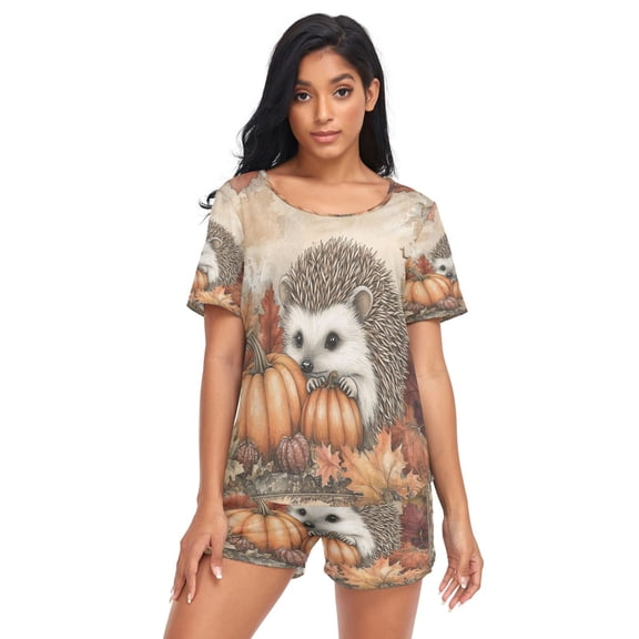 Women Pajama Sets Short Sleeve Sweatshirts Hedgehog Surrounded by Autumn Casual Tops and Shorts