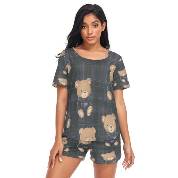 Women Pajama Sets Short Sleeve Sweatshirts Hoodie Bears Pattern Casual Tops and Shorts