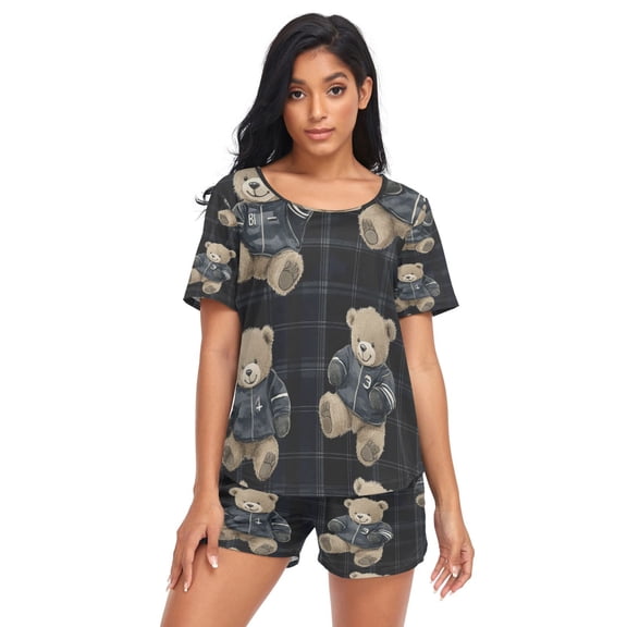 Women Pajama Sets Short Sleeve Sweatshirts Hoodie Bears Plainting Casual Tops and Shorts