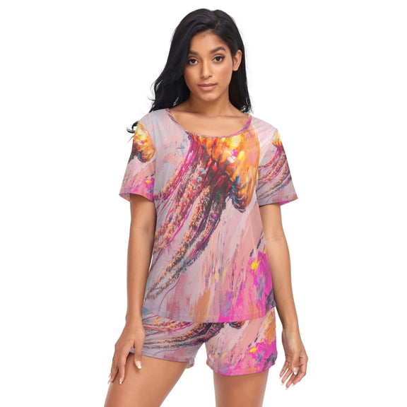 Women Pajama Sets Short Sleeve Sweatshirts Jellyfish Painting Casual Tops and Shorts
