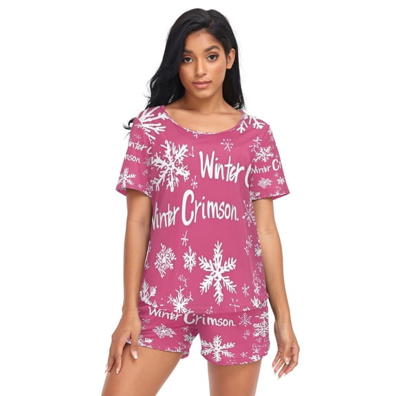 Women Pajama Sets Short Sleeve Sweatshirts Joyful Crimson Winter Casual Tops and Shorts