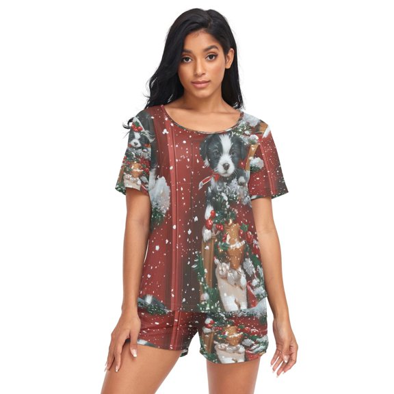 Women Pajama Sets Short Sleeve Sweatshirts Joyful Holiday Gathering Casual Tops and Shorts