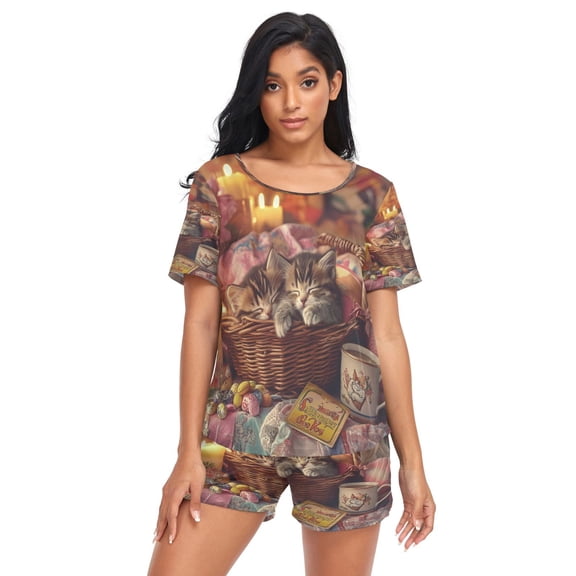 Women Pajama Sets Short Sleeve Sweatshirts Kittens Playing in Sewing Room Casual Tops and Shorts