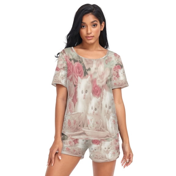 Women Pajama Sets Short Sleeve Sweatshirts Kittens Tea Roses Casual Tops and Shorts