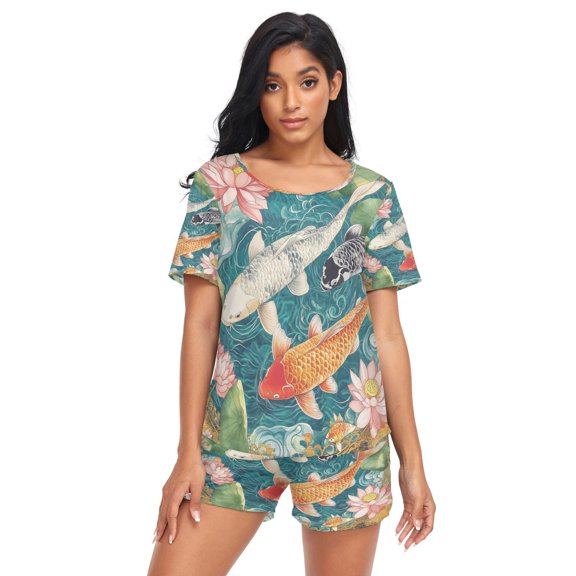 Women Pajama Sets Short Sleeve Sweatshirts Koi Harmony Casual Tops and Shorts