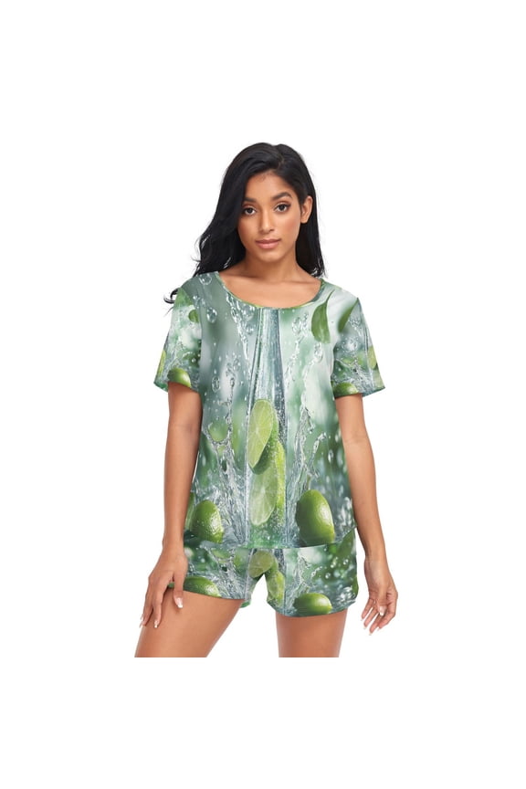 Women Pajama Sets Short Sleeve Sweatshirts Lime Soda Bottle Splash Casual Tops and Shorts