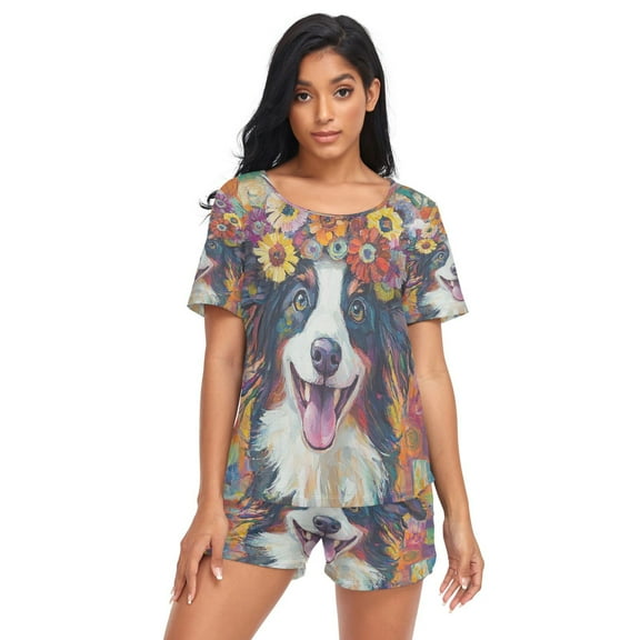Women Pajama Sets Short Sleeve Sweatshirts Loving Dog Casual Tops and Shorts