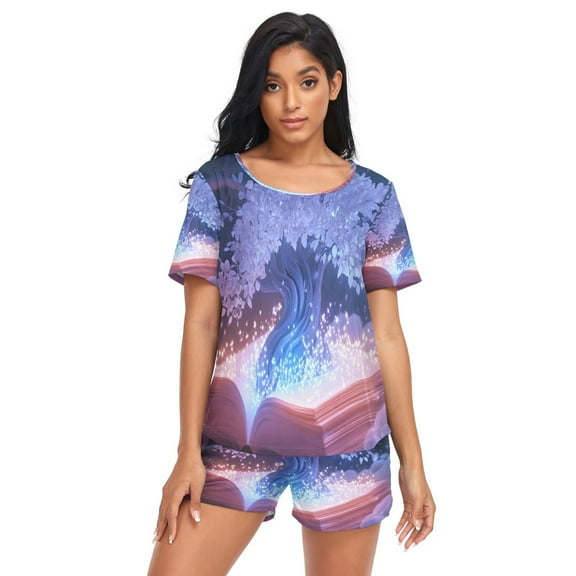 Women Pajama Sets Short Sleeve Sweatshirts Magic Book Tree Casual Tops and Shorts