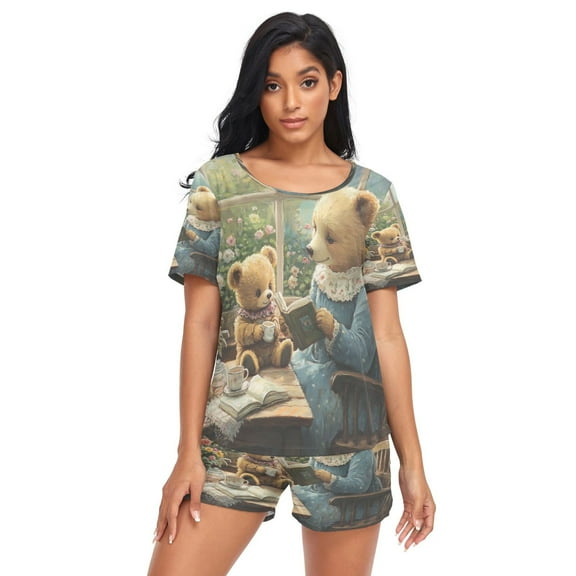 Women Pajama Sets Short Sleeve Sweatshirts Mama Bear Reading Book Painting Casual Tops and Shorts