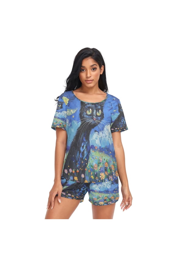 Women Pajama Sets Short Sleeve Sweatshirts Moonlit Kitty Dreams Casual Tops and Shorts
