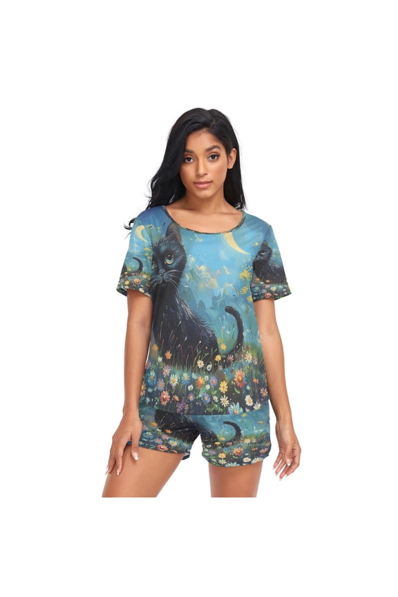 Women Pajama Sets Short Sleeve Sweatshirts Moonlit Whiskers in Bloom Casual Tops and Shorts