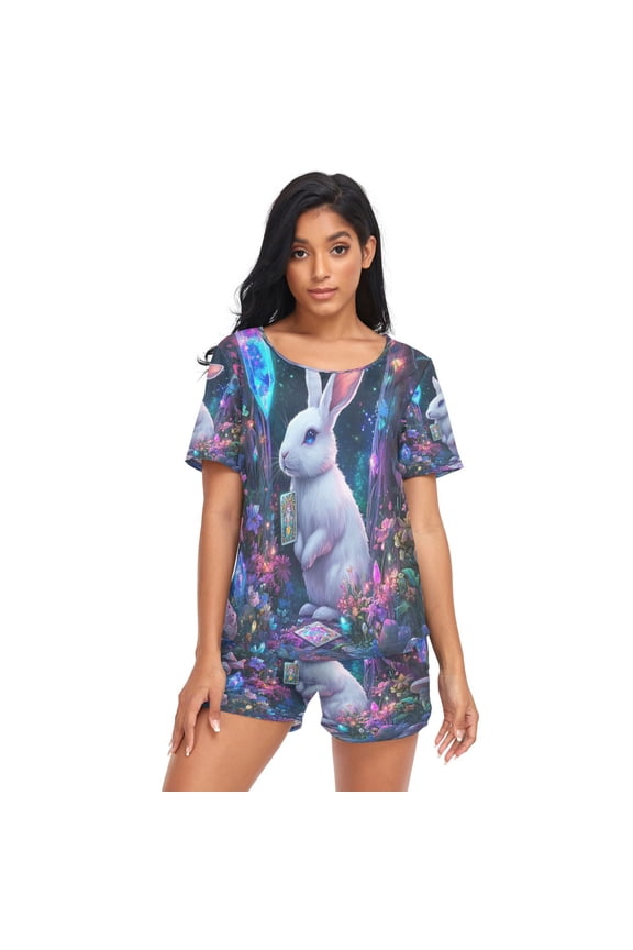 Women Pajama Sets Short Sleeve Sweatshirts Mystical Bunny with Crystal Casual Tops and Shorts
