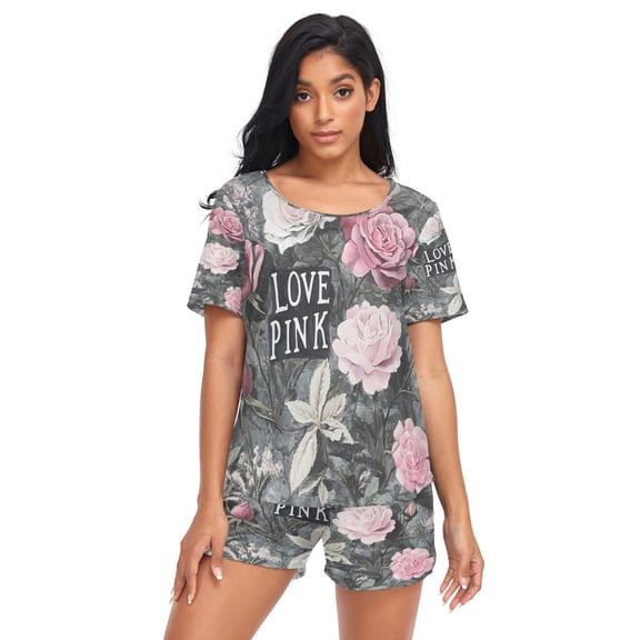 Women Pajama Sets Short Sleeve Sweatshirts Oil Pattern Of Roses Casual Tops and Shorts