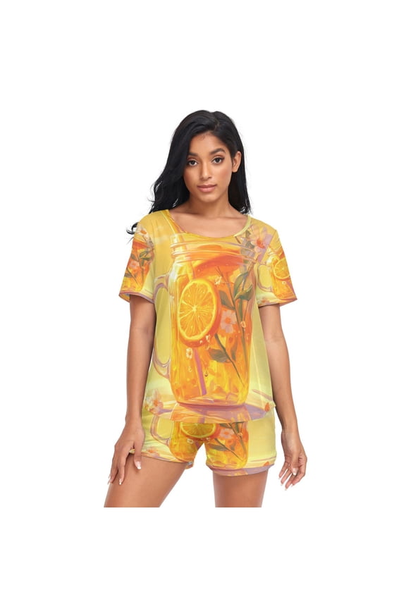 Women Pajama Sets Short Sleeve Sweatshirts Orange Soda with Flowers Casual Tops and Shorts