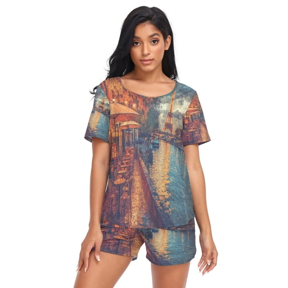 Women Pajama Sets Short Sleeve Sweatshirts Parisian Cafes Along The Seine Casual Tops and Shorts