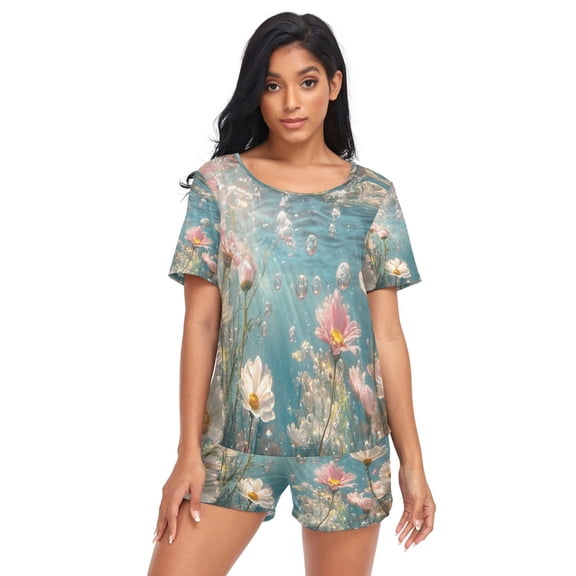 Women Pajama Sets Short Sleeve Sweatshirts Pink Flowers and Daisies Casual Tops and Shorts