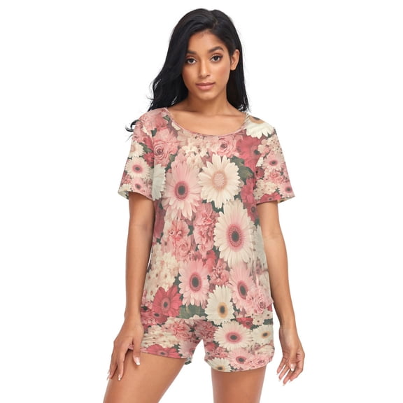 Women Pajama Sets Short Sleeve Sweatshirts Pink White Flowers Casual Tops and Shorts