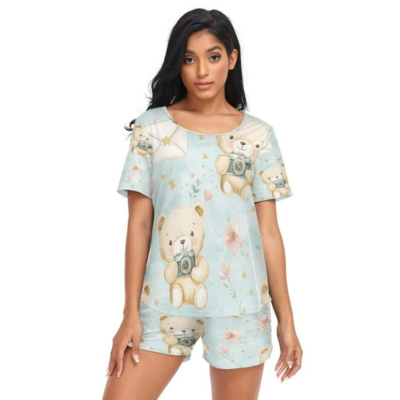 Women Pajama Sets Short Sleeve Sweatshirts Playful Bears with Hearts Casual Tops and Shorts