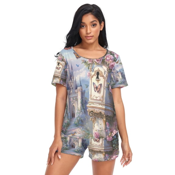 Women Pajama Sets Short Sleeve Sweatshirts Postbox with Roses Casual Tops and Shorts