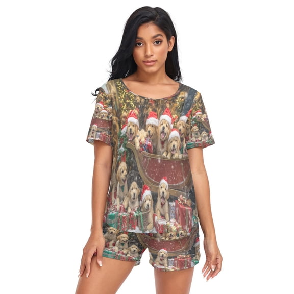 Women Pajama Sets Short Sleeve Sweatshirts Puppies in Sleigh with Presents Casual Tops and Shorts