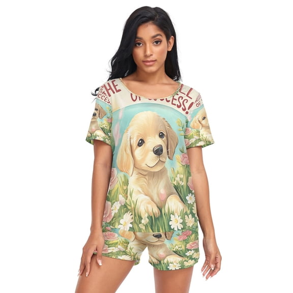 Women Pajama Sets Short Sleeve Sweatshirts Puppy’s Blossom Casual Tops and Shorts