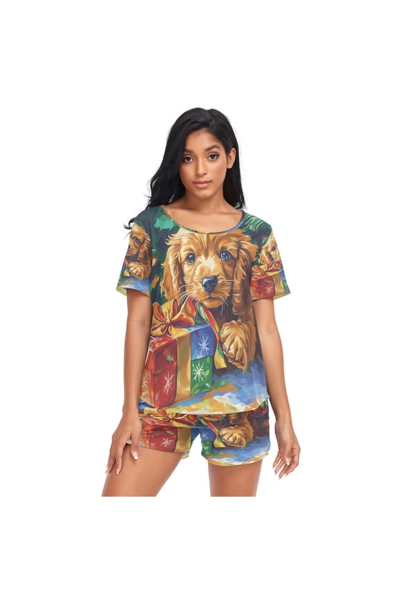 Women Pajama Sets Short Sleeve Sweatshirts Puppy with Christmas Gifts Casual Tops and Shorts