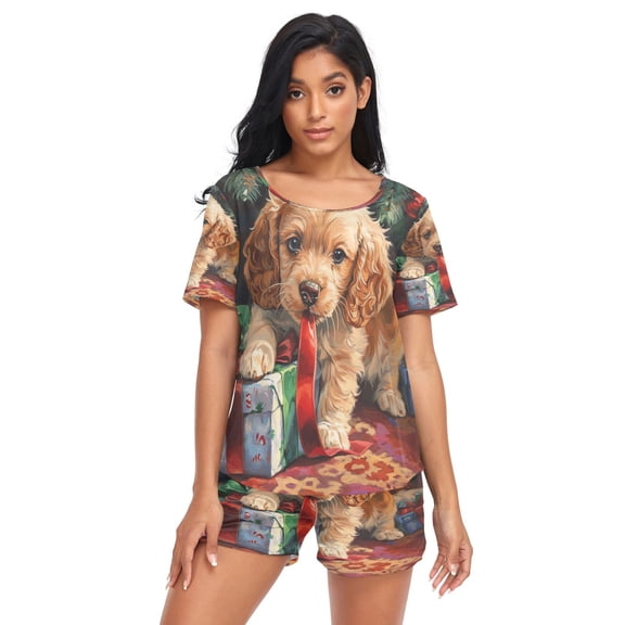 Women Pajama Sets Short Sleeve Sweatshirts Puppy with Christmas Presents Casual Tops and Shorts