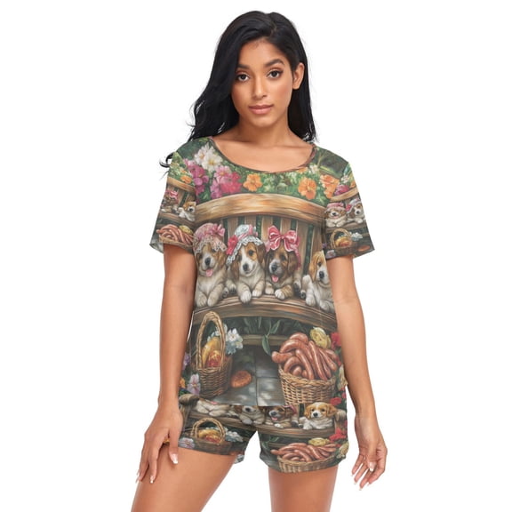 Women Pajama Sets Short Sleeve Sweatshirts Pups and Sausages Casual Tops and Shorts