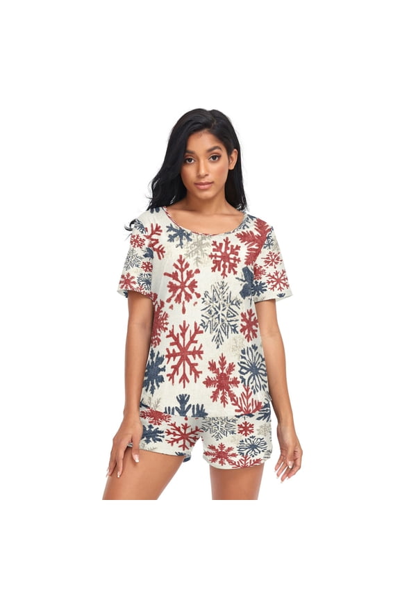 Women Pajama Sets Short Sleeve Sweatshirts Red White and Blue Snowflakes Casual Tops and Shorts