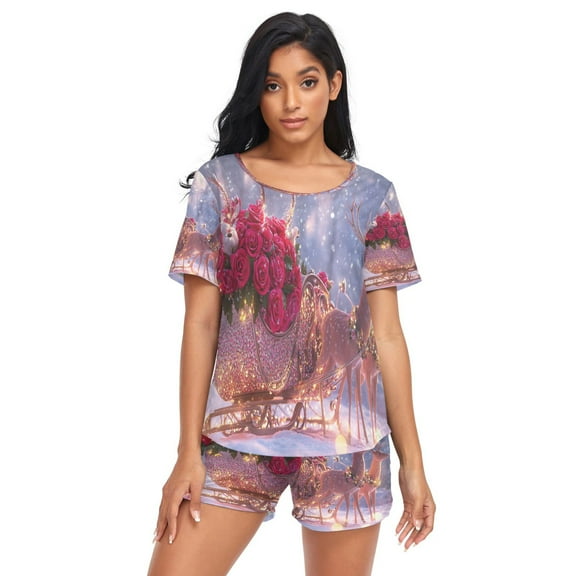 Women Pajama Sets Short Sleeve Sweatshirts Reindeer Pulling Rose Filled Sleigh Casual Tops and Shorts