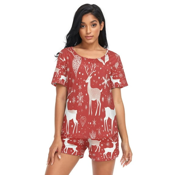 Women Pajama Sets Short Sleeve Sweatshirts Reindeer and Snowflakec Casual Tops and Shorts