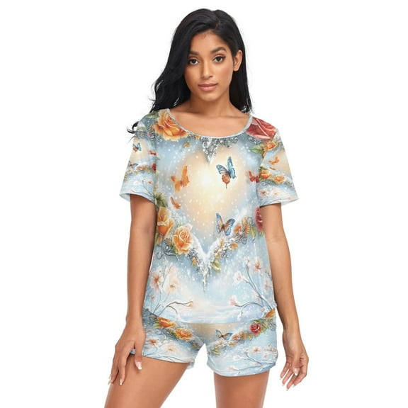 Women Pajama Sets Short Sleeve Sweatshirts Rose Heart Painting Casual Tops and Shorts