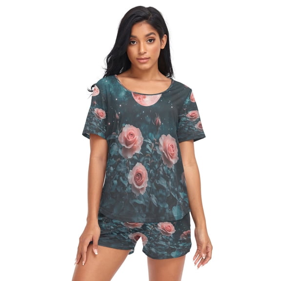 Women Pajama Sets Short Sleeve Sweatshirts Roses under Red Moon Casual Tops and Shorts