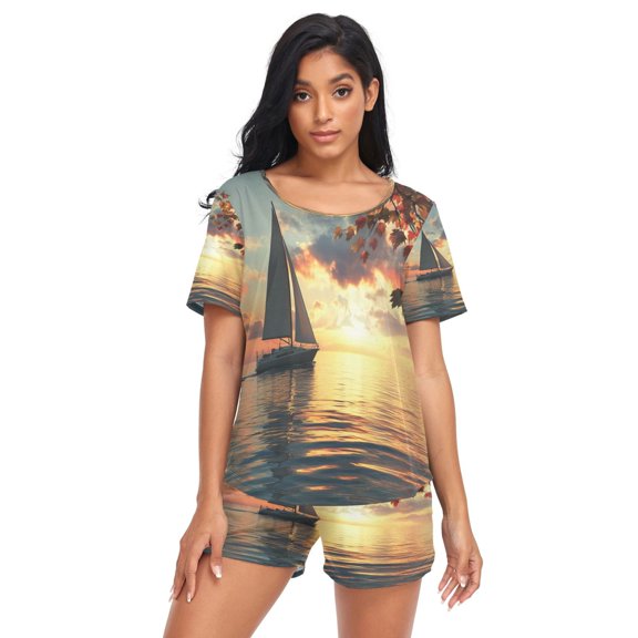 Women Pajama Sets Short Sleeve Sweatshirts Scenery Of Sailboat Casual Tops and Shorts