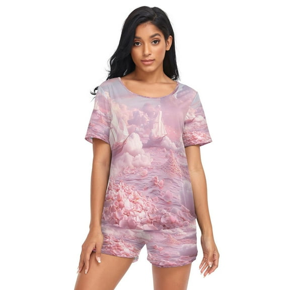 Women Pajama Sets Short Sleeve Sweatshirts Sea Of Flowers Printing Casual Tops and Shorts