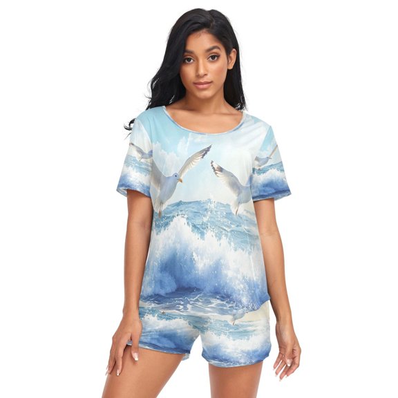 Women Pajama Sets Short Sleeve Sweatshirts Seagulls over Ocean Waves Casual Tops and Shorts
