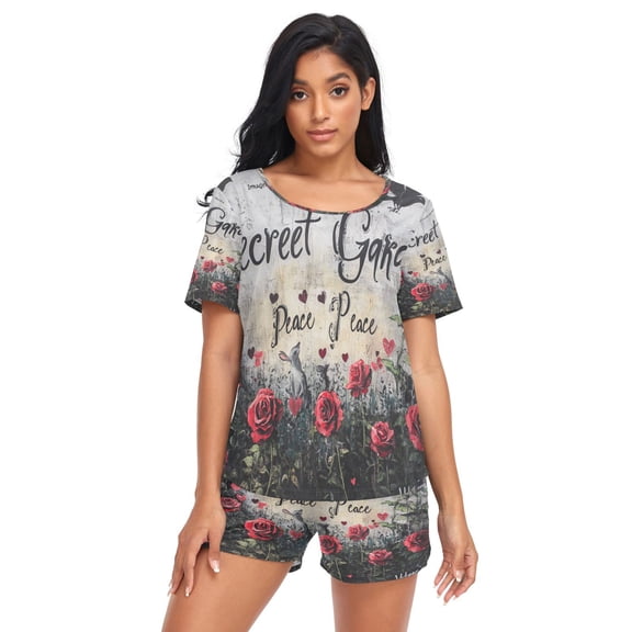 Women Pajama Sets Short Sleeve Sweatshirts Seamle Of Red Roses Pattern Casual Tops and Shorts