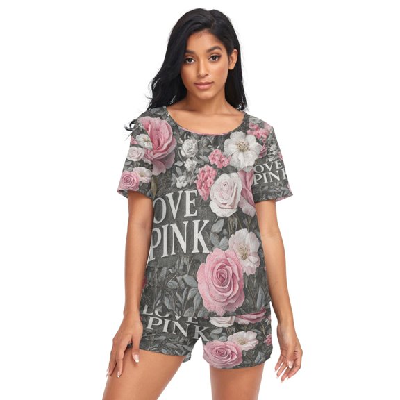 Women Pajama Sets Short Sleeve Sweatshirts Seamle Of Roses Pattern Casual Tops and Shorts