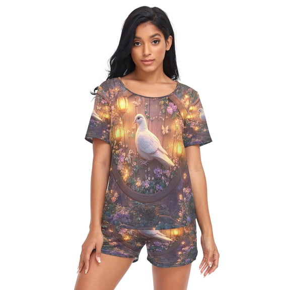 Women Pajama Sets Short Sleeve Sweatshirts Serene Songbird Casual Tops and Shorts