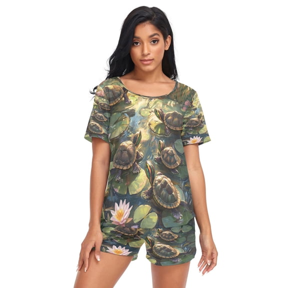 Women Pajama Sets Short Sleeve Sweatshirts Serene Turtle Oasis Casual Tops and Shorts