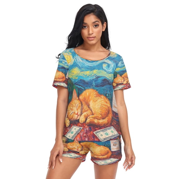 Women Pajama Sets Short Sleeve Sweatshirts Sleeping Cat Print Casual Tops and Shorts