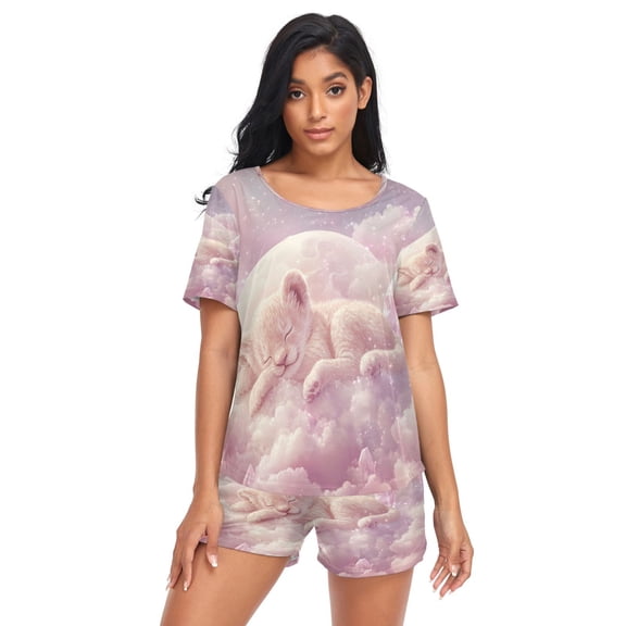 Women Pajama Sets Short Sleeve Sweatshirts Sleeping Cub on Soft Clouds Casual Tops and Shorts
