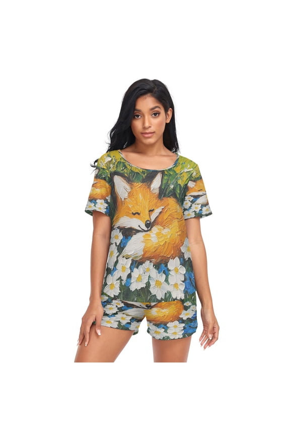 Women Pajama Sets Short Sleeve Sweatshirts Sleeping Fox Among Flowers Casual Tops and Shorts