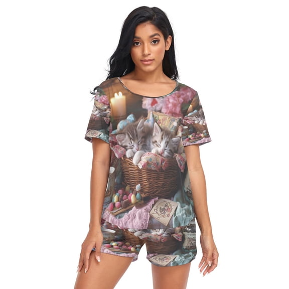 Women Pajama Sets Short Sleeve Sweatshirts Sleeping Kittens in Wicker Basket Casual Tops and Shorts