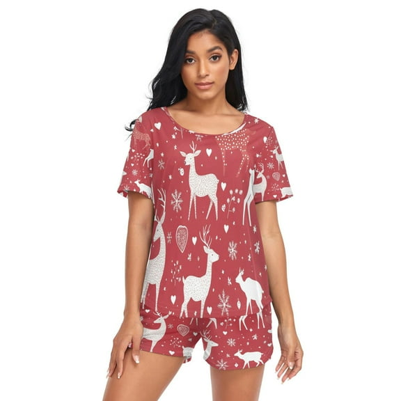 Women Pajama Sets Short Sleeve Sweatshirts Snowflake and Lovely Reindeer Pattern Casual Tops and Shorts