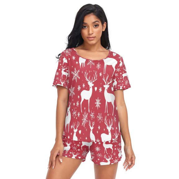 Women Pajama Sets Short Sleeve Sweatshirts Snowflake and White Reindeer Pattern Casual Tops and Shorts