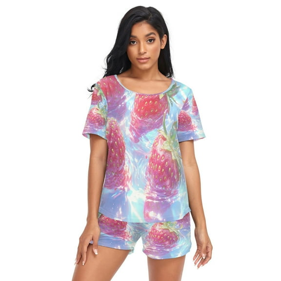 Women Pajama Sets Short Sleeve Sweatshirts Strawberries Floating in Water Casual Tops and Shorts
