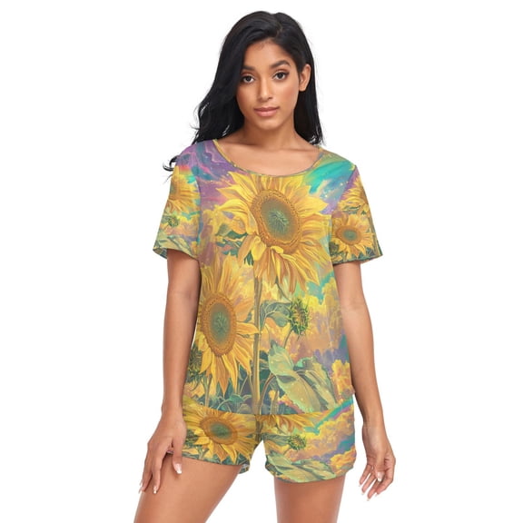 Women Pajama Sets Short Sleeve Sweatshirts Sunflowers in Cosmic Dream Casual Tops and Shorts