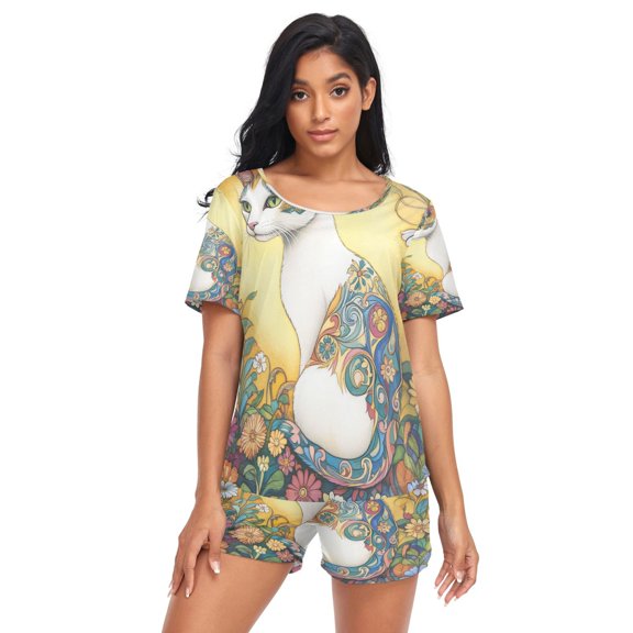 Women Pajama Sets Short Sleeve Sweatshirts Sunlit Patterns Casual Tops and Shorts